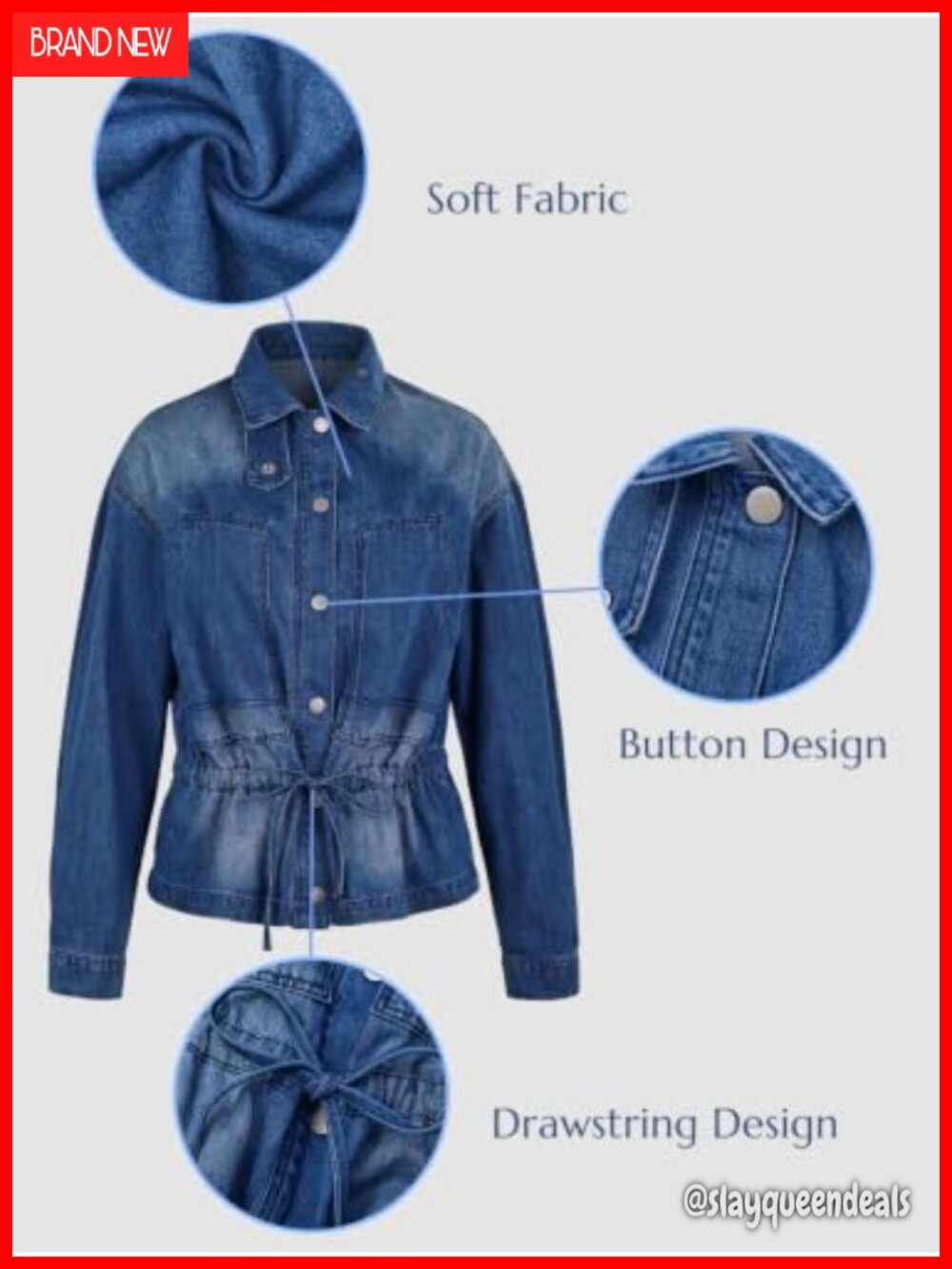 Drawstring Denim Jacket Button Down Collared Shacket - Picture 5 of 6